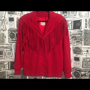 VTG Vakko Suede Red Fringed Leather Shirt Jacket